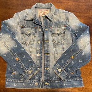 True Religion Monogram Print Trucker Denim Jacket, Size-M, Gently Used
